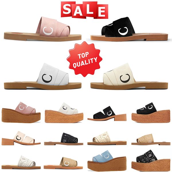 AAA+Top Designer Fur Slides Sandals Women Pink Slippers Flat Embroidered Linen High Heel Sandal Espadrille Wedge Platform Woman sliders Shoe