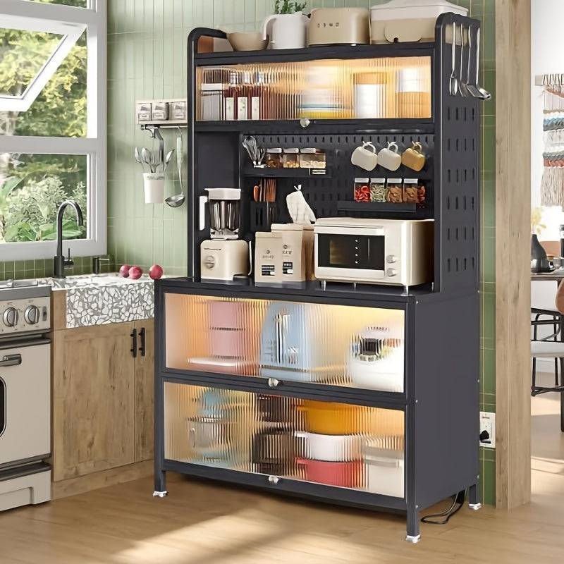 TEMU 63" 5-tier White Metal Kitchen Storage Rack With Wheels, Adjustable Shelves, Multiple Drawers & Hooks - Large Capacity Freestanding Microwave