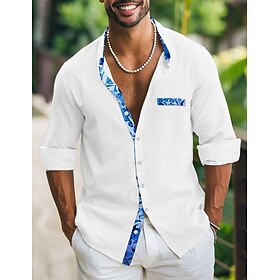 Homens Camisa Social camisa de linho camisa de verão Roupa de Praia camisa de botão Branco Azul Marinha Azul Manga Longa Folha Lapela Primavera Verão Casual Di