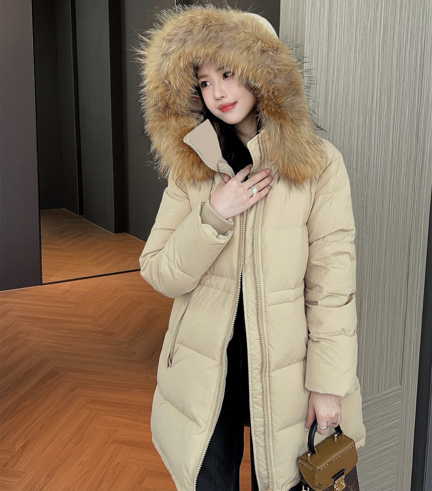 Womens Stylish Mid Long Down Coat Elegant Slim Fit Lightweight Warm Outerwear Premium Luxury Puffer Jacket with White Goose Down