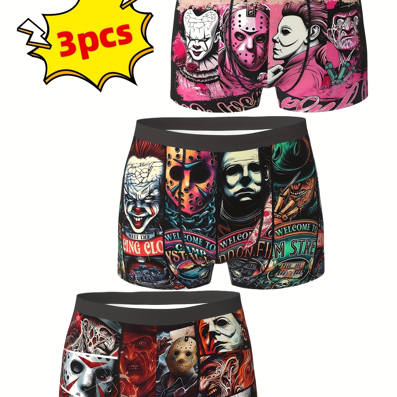 TEMU 3pcs Men's Horror Movie Character Boxer Briefs - Breathable Stretch Fabric, Durable Elastic Waistband, Vibrant Mask & , Casual Wear Or Swimming,