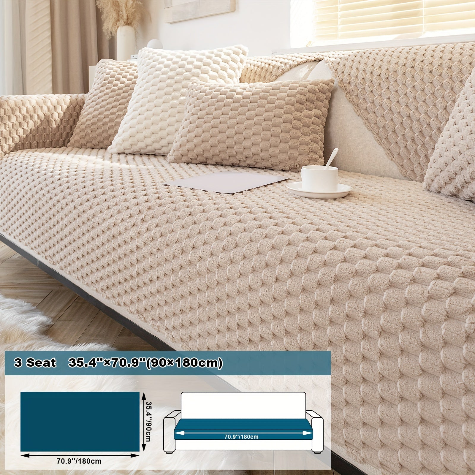 TEMU 1pc Honeycomb Velvet Sofa Cushion, , , Sofa Couch Cover, Thick Plush Seat Cushion Protector, Fuzzy Non Slip Sofa Slipcover, Furniture Protector,