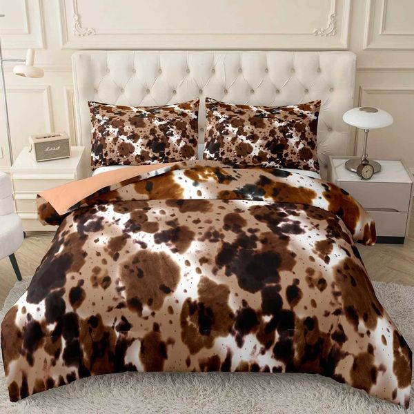 Brown Cow Print Comforter Set Queen King Size Farmhouse Cow Print Bedding Set with 2 Matching Pillowcases Bedroom Decoration M241005