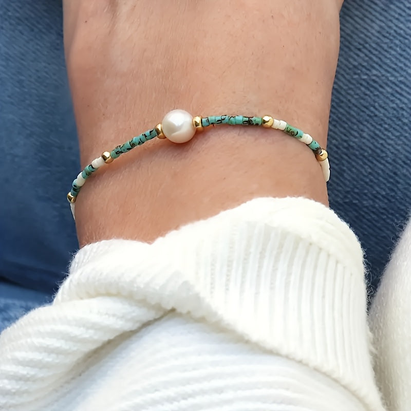 TEMU Vintage Bohemian 's Bracelet - Elastic Freshwater & Turquoise Beads, Golden-tone Spacers, Stretch Fit, White & Boho Jewelry For Casual Attire,