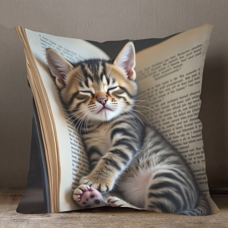 TEMU Cozy Cats Pillow Cover - Sleeping Tabby Kitten & Books Decor, Cottagecore Literary Pillow Case With Easy Envelope Closure, Machine Washable Soft