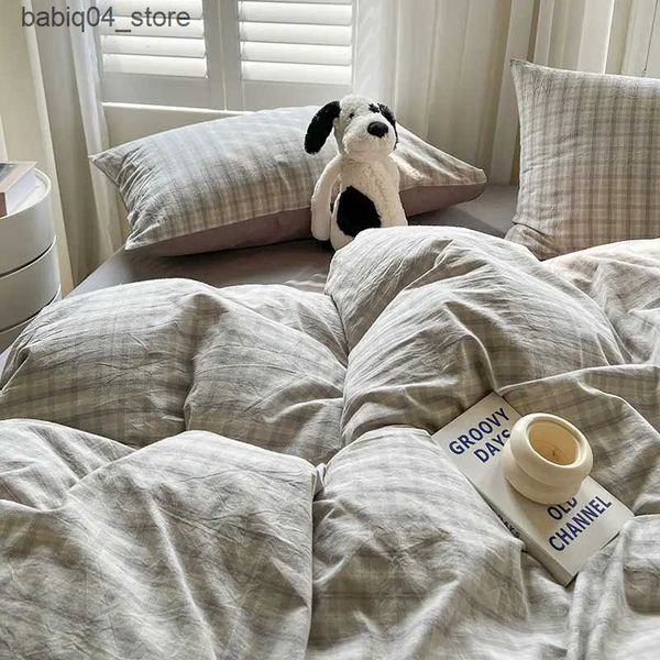 Bedding sets ic Plaid Bedding Set Grey Pink Ins Twin Queen Duvet Cover Flat Sheet case No Filler Girl Boys Hotel Home Bed Linens L240910