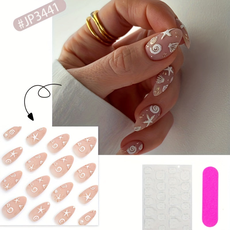 TEMU 24 Pcs Almond Shaped Press On Nails, Short Length With Sea Shell Starfish Design, Glossy Finish, - Elegant Pre-designed Fake Nails For Women And