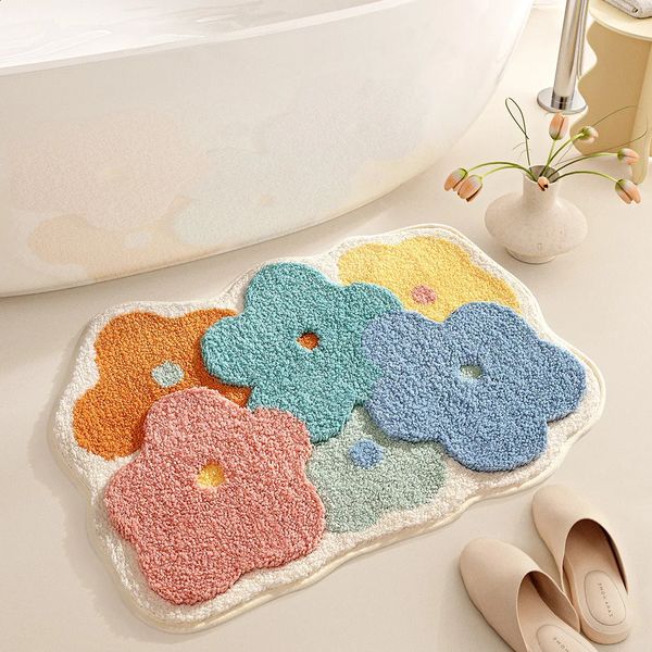 Creative Flower Flocked Bath Mat Thickened Plush Bathroom Rug Large Capacity Absorbent Foot Mat TPR Anti-slip 241231