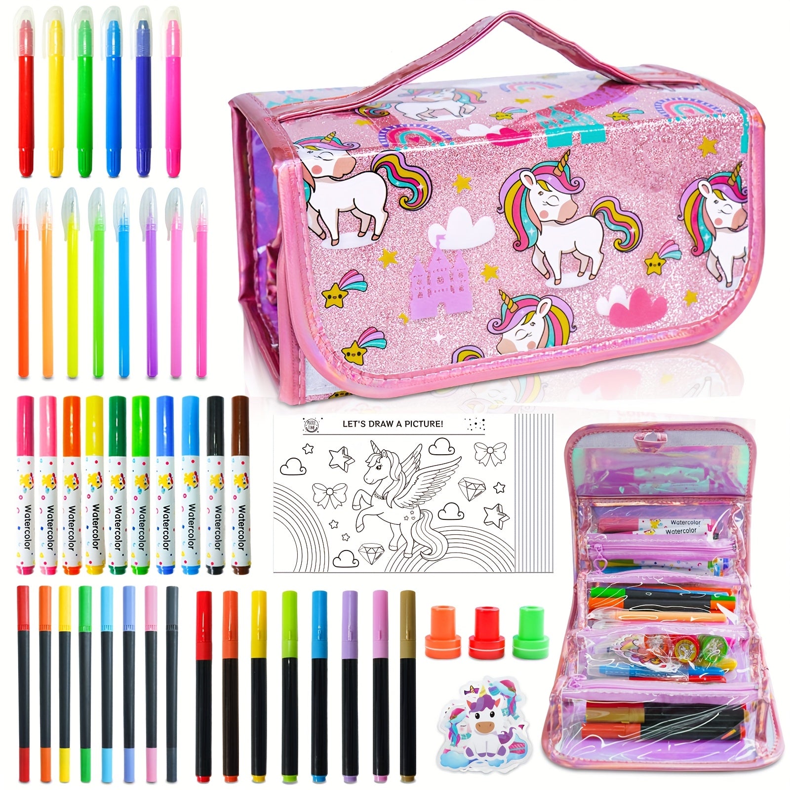TEMU Glitter Unicorn Art Kit With Washable Markers, Organizer & Stickers - All Ages Diy Craft Set With Glitter Pens, Rainbow & Unicorn Stamps,
