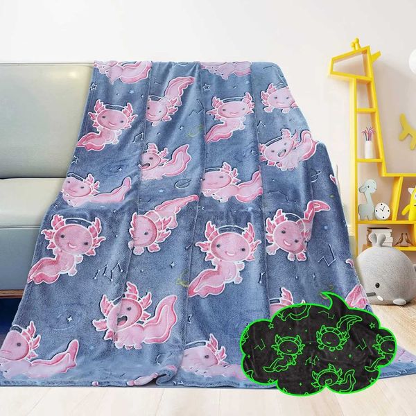 Black glowing salamander blanket soft pink Axolotl gift blue throw birthday flannel wool Y241022