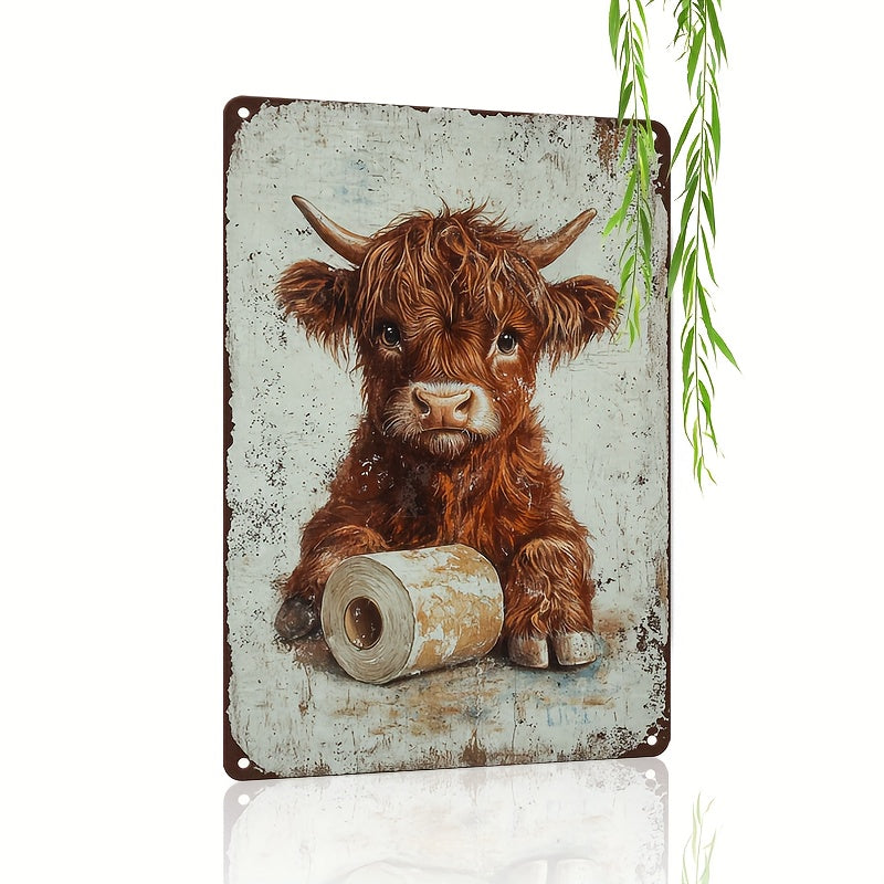 TEMU 1pc Vintage Highland Cow Metal Tin Sign - 8"x12" Rustic Wall Decor With Weathered Look, Ideal For Bathroom, Home, For Man Cave, Garden,