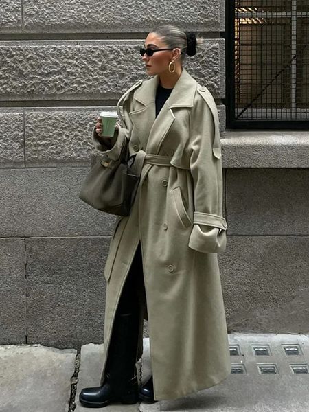 Street Turndown Collar Long Coats Women Belt Loose Full Sleeve Double Breasted Trench Overcoat 2024 Autumn Office Lady Outwears 241119