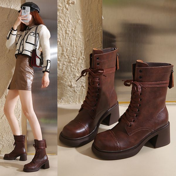 Mid Cut Lace-Up Boots: Korean Style Chunky Heels in Black & Brown 67a2