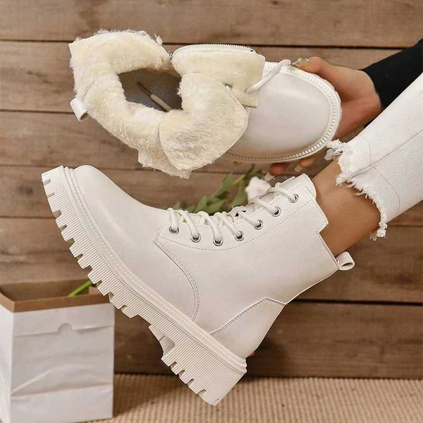 Thick and Warm Lg Plush Ankle Boots Suitable for Warm Winter 2024 Lace Pu Leather Motorcycle Boots Ten Thousand Plus Short Boots Y241107