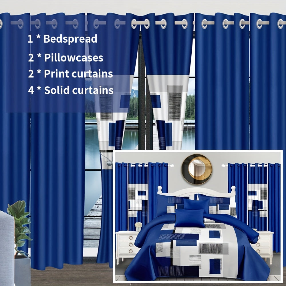 TEMU 9pcs Bedding Set, Including: 1 Bedspread, 2 Pillowcases, 2 Printed Curtains And 4 Solid Curtains, Queen-king-cal King Sizes, Blue Plaid, A