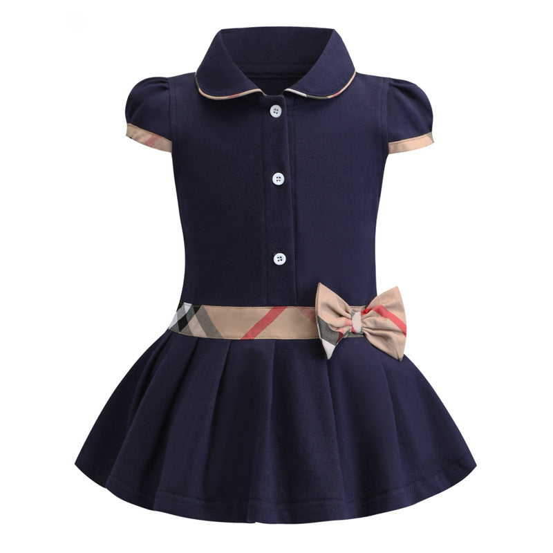 Baby Girls Dress Lapel College Wind Short Sleeve Pleated Polo Shirt Skirt Children Designer Clothing Kids Clothes 2-7Years