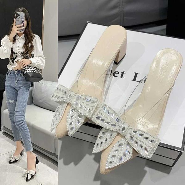 Sandálias de calcanhar pontiagudas slip-on slowers summer wens bow shoes mai fem bege high shrestone elástico banda de gordura baixa z241229