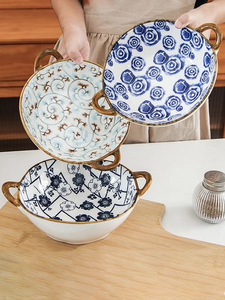 75inch ceramic bowl kitchen with handle heatresistant used for noodle soup Japanese salad pasta service 240826