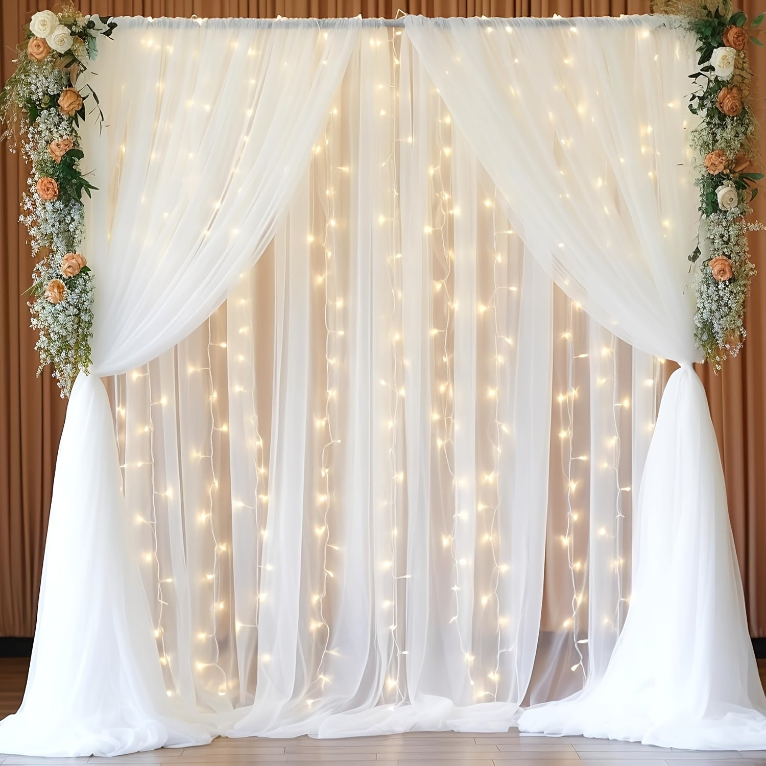 TEMU Elegant 10ft X 10ft White Sheer Tulle Curtains With Warm String Lights - Wrinkle-free Polyester Drapes For Wedding, Party Backdrop, Photo