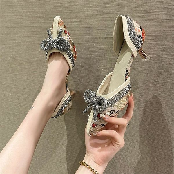 Crystal Pearl Bowtie White Wedding Women 2023 Autumn Brand Designer High Heels Pumps Woman Thin Heeled Party Shoes fb65