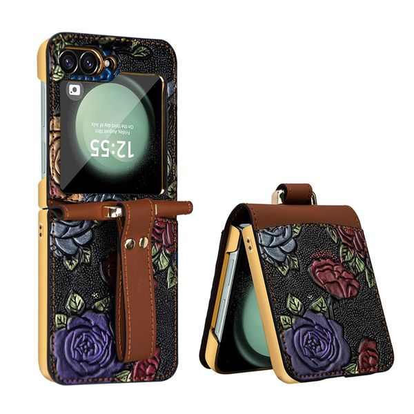 Wrist Strap Membrane Hinged Phone Case for Samsung Galaxy Z Flip 3 4 5 6 Stylish Graffiti Plating Full Protective Screen Protector Flower Pr