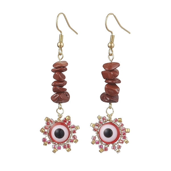 Boucles d'oreilles pendantes en forme de jaspe rouge naturel mauvais œil et perles de rocaille