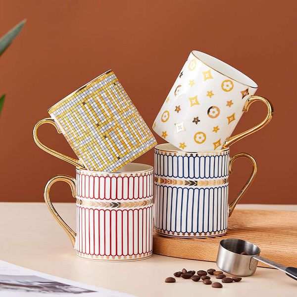 Style Bone Nordic China Mugs Light Simple Handmade Gold Painted Ceramic British Coffee Mug Couple Cups Birthday Gift
