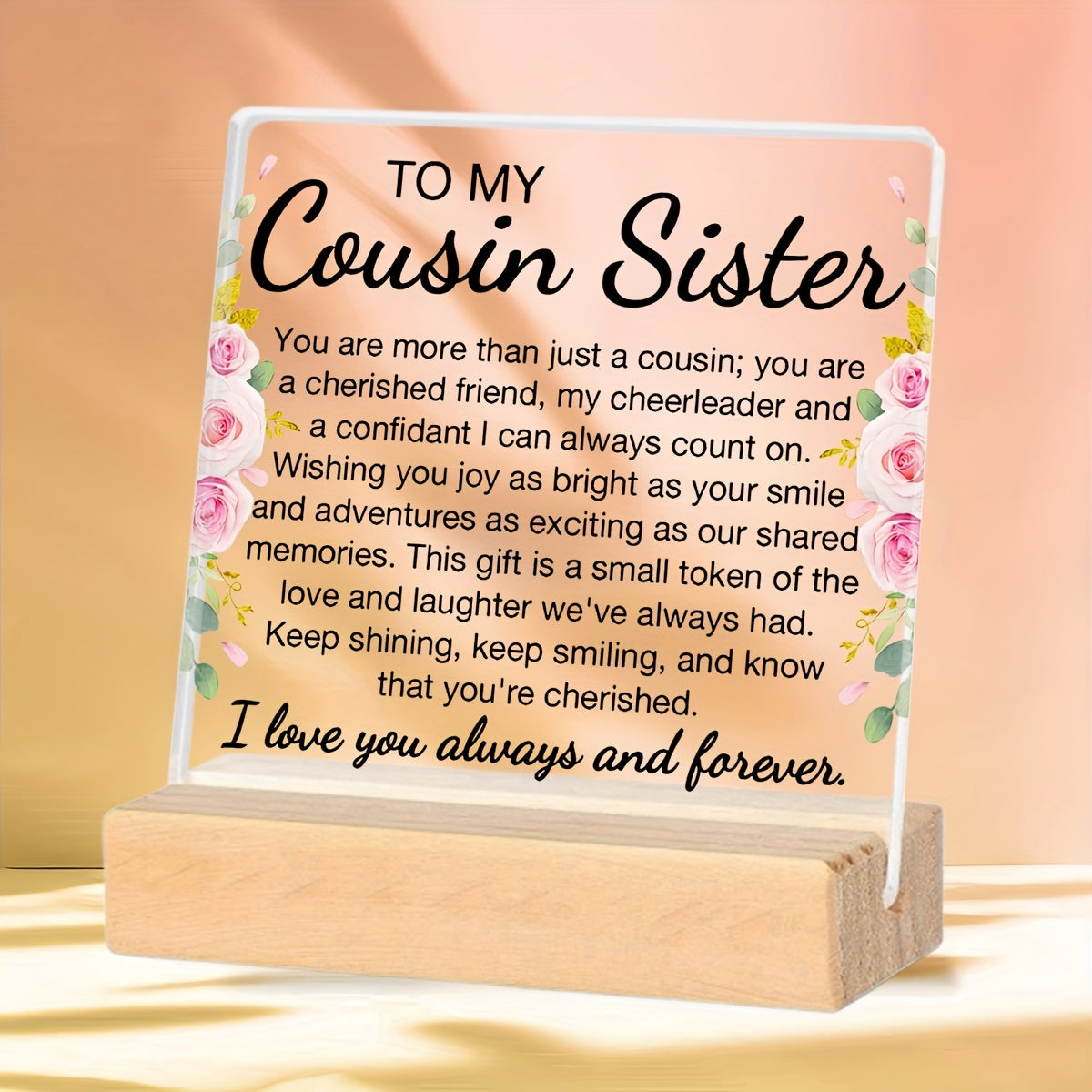 TEMU 2d Flat, 1pc Square Acrylic Plaque Without Base - Design & Cousin Sister Message, Desk Decor For Women Girls, Gift For Cousins, No Electricity