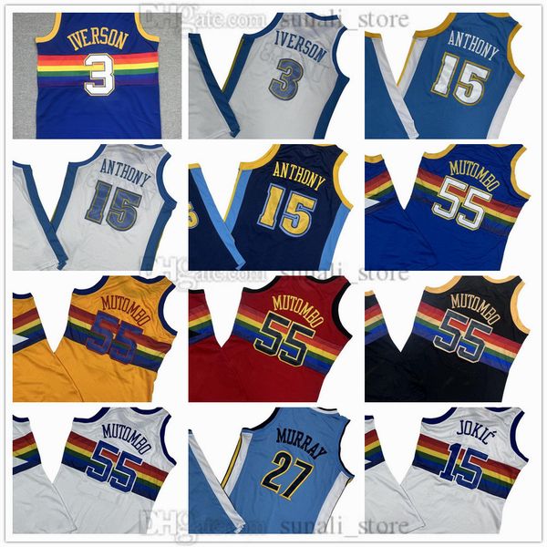 Dikembe 55 Mutombo Basketball Jerseys Retro Mesh Allen 3 Iverson Carmelo 15 Anthony Vintage Blue White Sports Shirts Stitched Embroidery Men