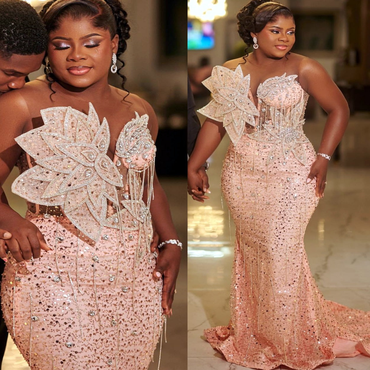 Baby Pink Mermaid Prom Dresses 2025 Florals Crystals Sequined Evening Formal Party Second Birthday Engagement Gowns Plus Size Dress For Special Occa