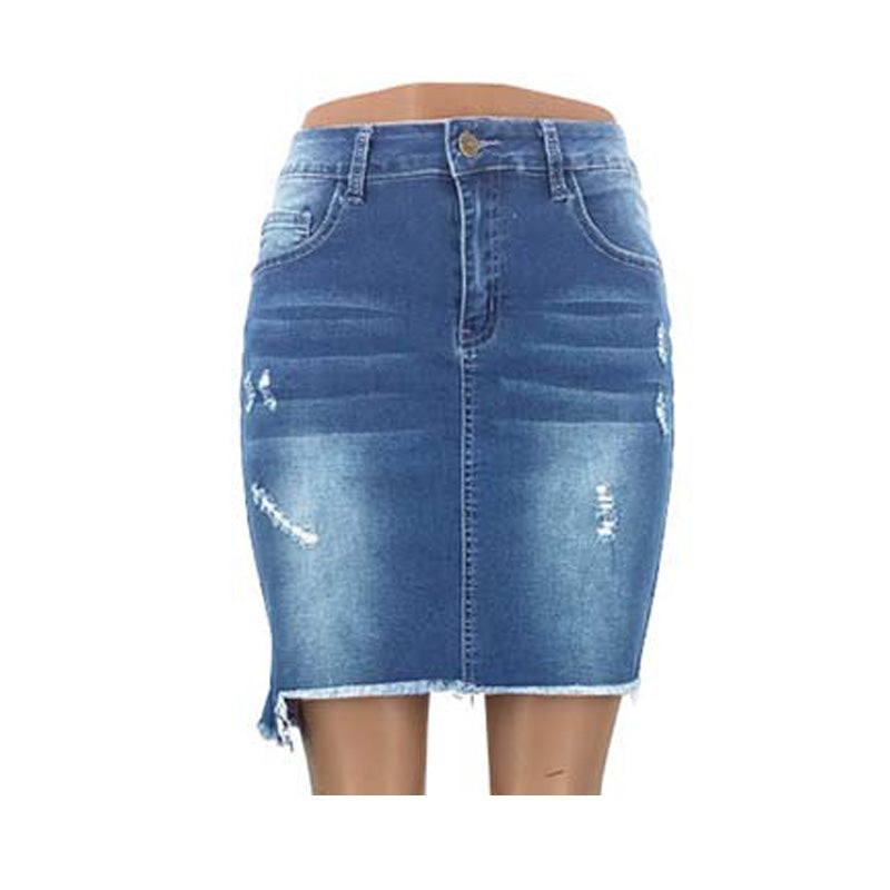 Women Denim Skirt Ripped Hole Tassels High Elastic Mid waist jeans Knee Length Skirts A-line Casual Female Free Shipping