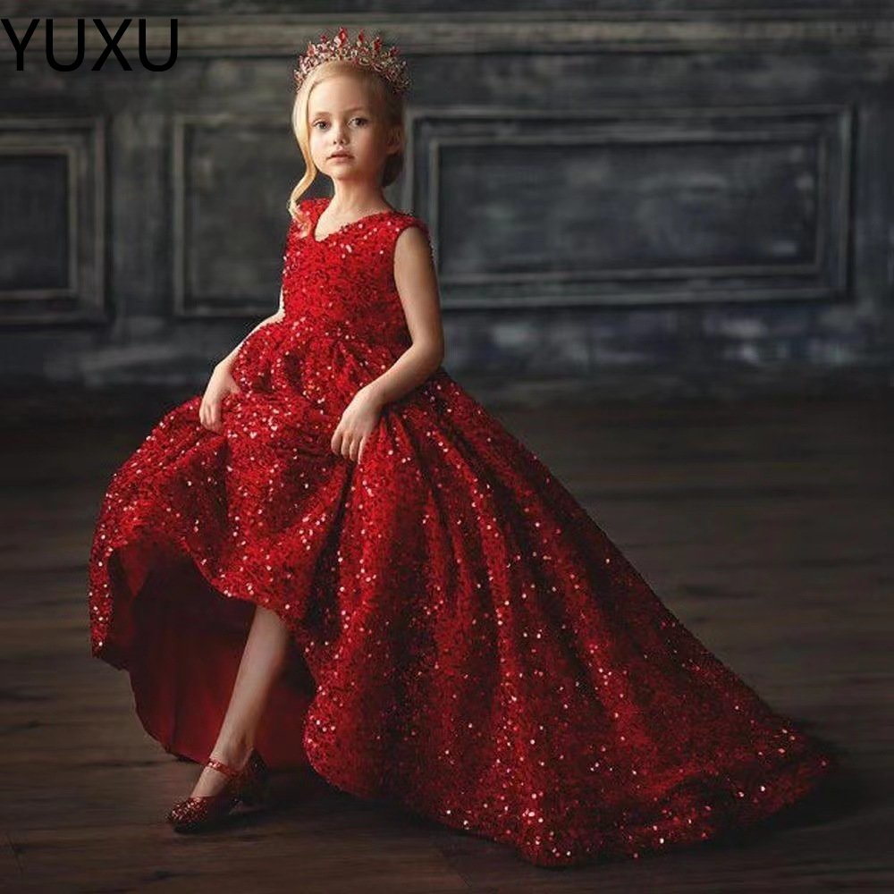 sequined girl pageant dresses Appliques Tiered Skirts Princess Gowns long Flowers Girls Dresses Toddlers Kids Custom First holy Communion Gowns