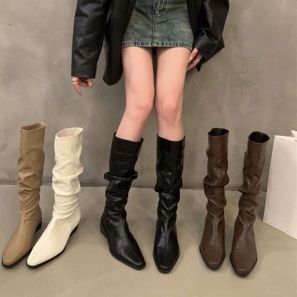 Fiera Women Knee Knee High Autumn Winter Shoes Moda Moda Feminino Dobra baixa calcanhar dedo redondo dedo botas longas botas de mujer
