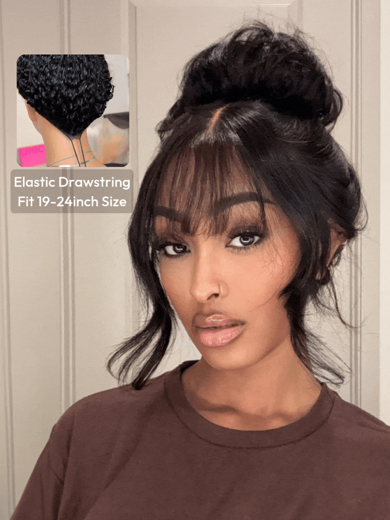 7x5 ByeBye Knotsâ¢ Black Fluffy Natural Loose Wave Curtain Bangs Wig