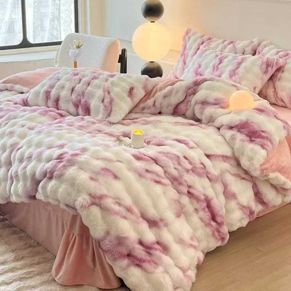 Winter Warm Fluffy Flannel Duvet Set 220x240 King Size Couple Veet Quilt Cover Sheet case 4pcs Bedding SetC241207