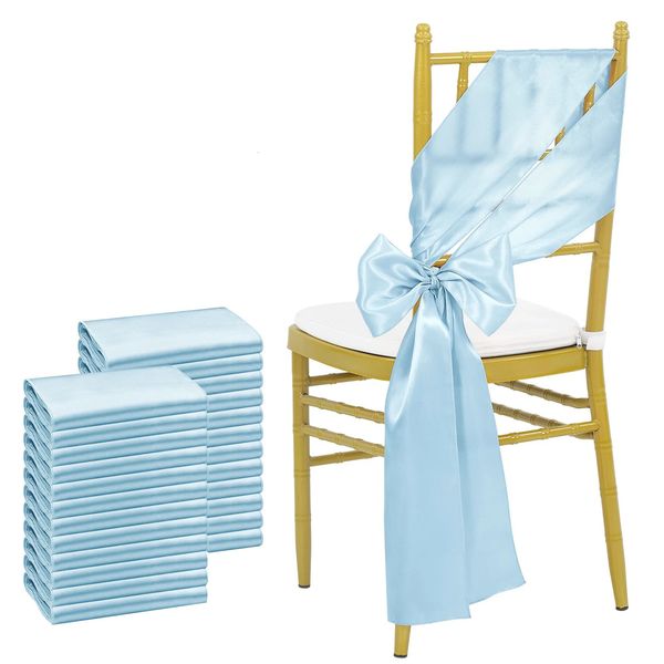 24PCS 17x275cm Sky Blue Satin Chair Belt Bow Chair Cover Ribbon Used for Wedding Banquet Party Baby Shower Event Decoration 241210