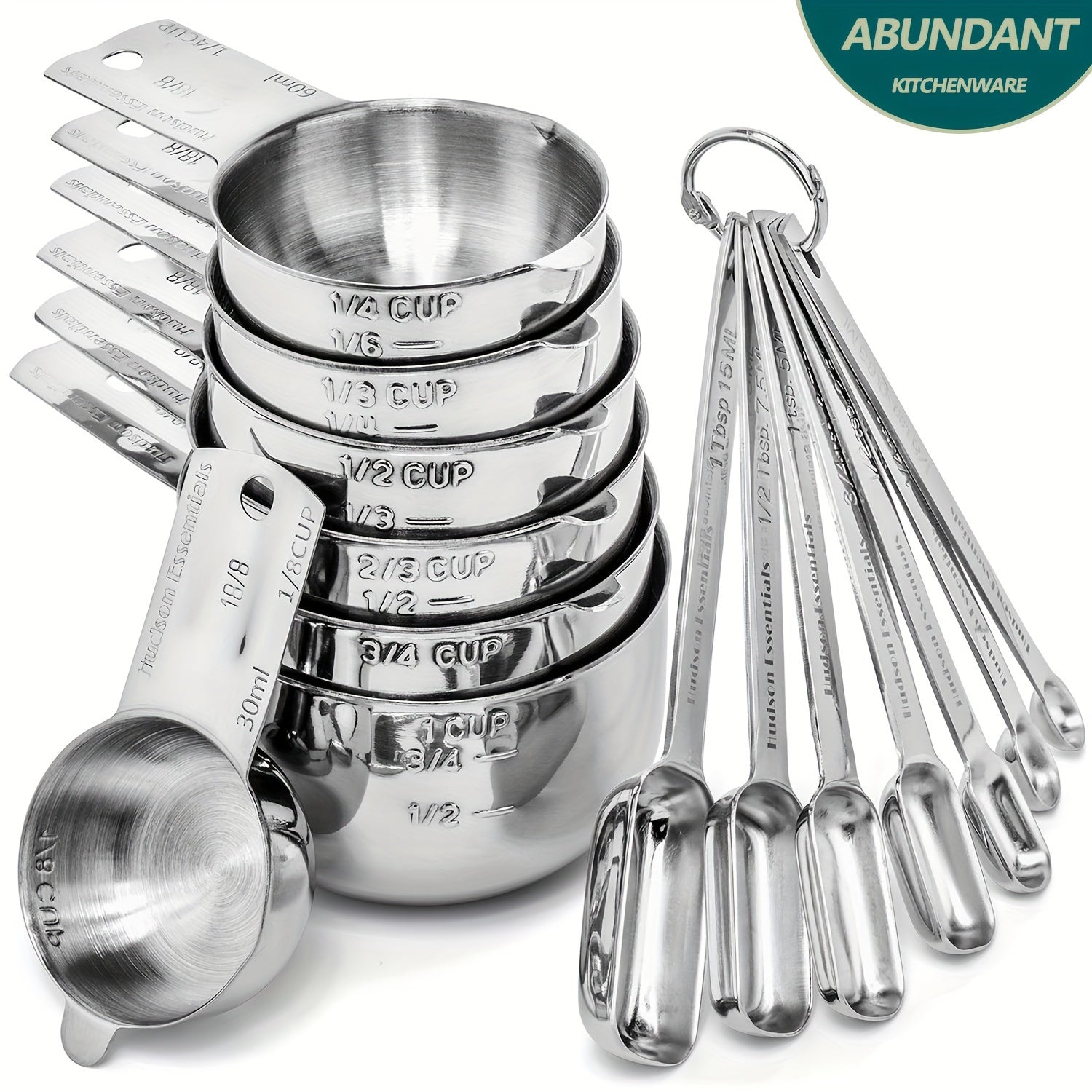 TEMU Minteem Stainless Steel Round Measuring Cup And Straight Spoon Set (14pcs Set) Kitchen Tools For Drying And Liquid Ingredients, Cooking And