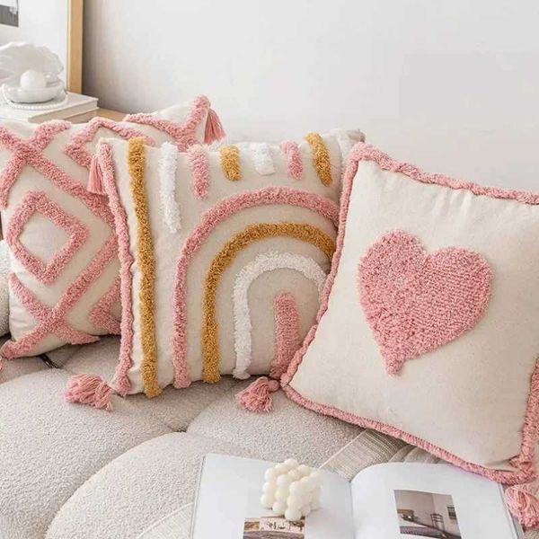 1 Nordic pink tufted cushion cover 45x45cm cotton canvas geometric tufted embroidered pillowcase sofa decorative pad X241022