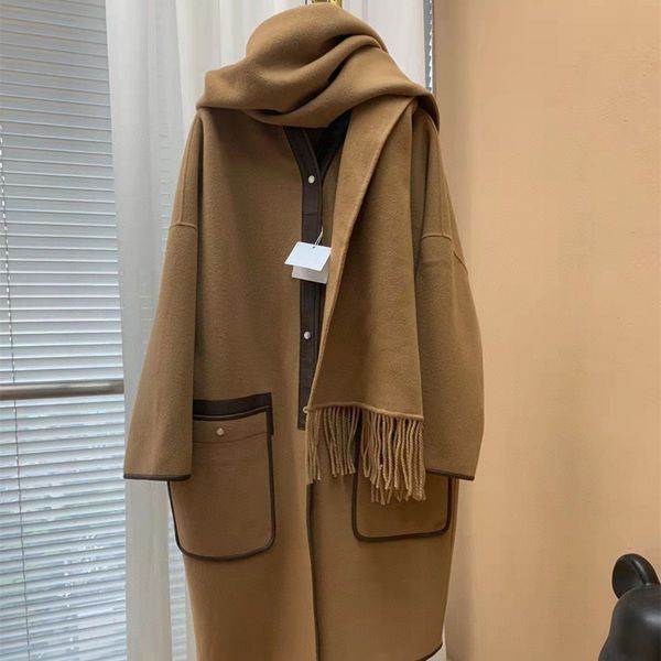 Womens Wool Blend Coats Designer Tassel Scarf Coat Autumn Winter Women Elegant Leather Outerwear Fashion Simple Lady Shawl Jacket Detachable