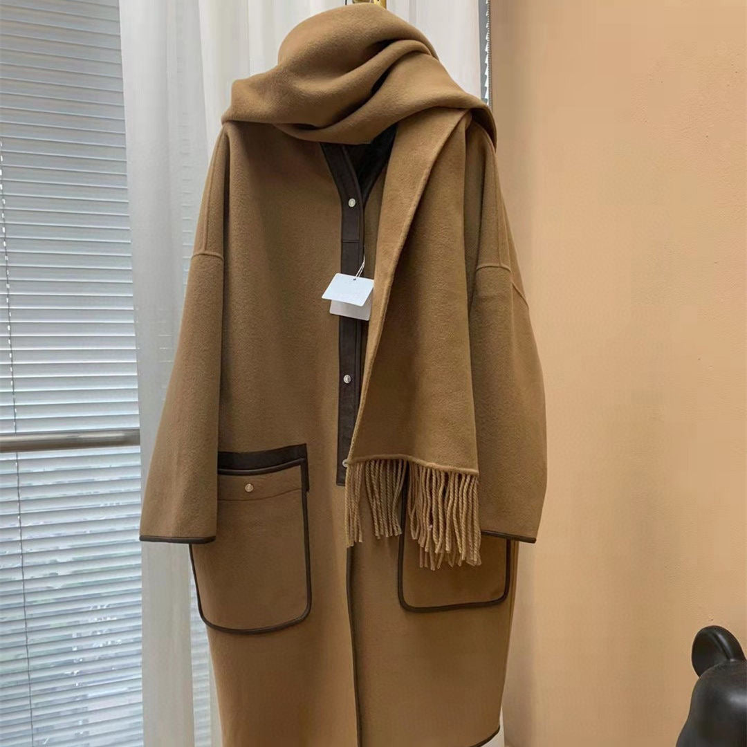 Womens Wool Blend Coats Designer Tassel Scarf Coat Autumn Winter Women Elegant Leather Outerwear Fashion Simple Lady Shawl Jacket Detachable Woman W