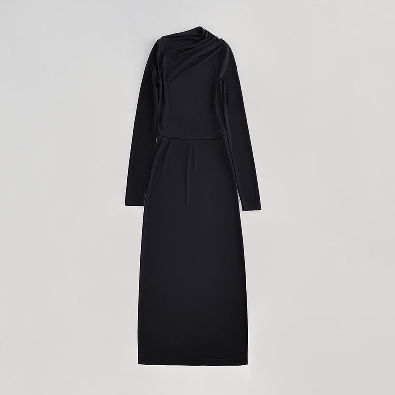 (193) Slant collar waist long sleeve stretch dress Design dress style tall long dress