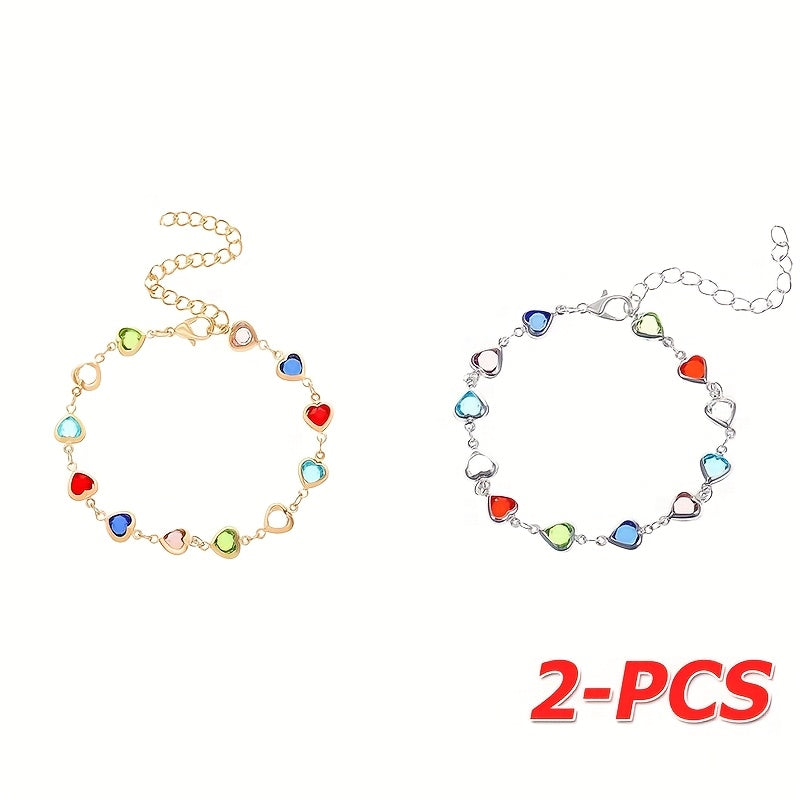 TEMU 2pcs Colorful Shiny Cube Bracelet, Fashion Heart-shaped Bracelet, Delicate Beading Bracelet, Suitable For Girls Daily Party Jewelry, Holiday