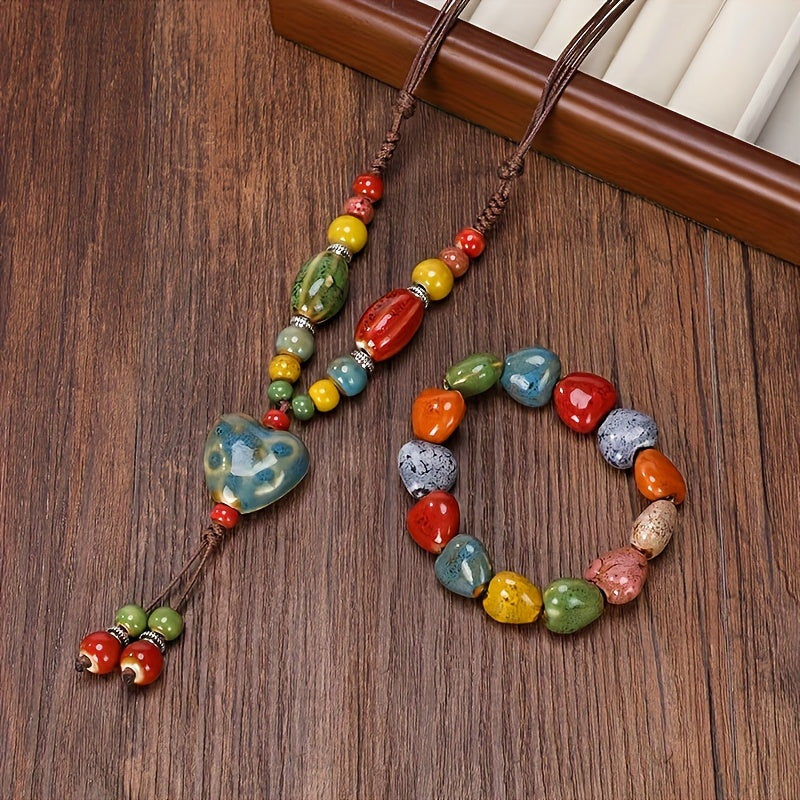 TEMU 2pcs Set Of Colored Ceramic Necklaces And Bracelets, Heart-shaped Necklaces, Heart-shaped Bracelets, Dopamine-colored S' Daily Wear Accessories