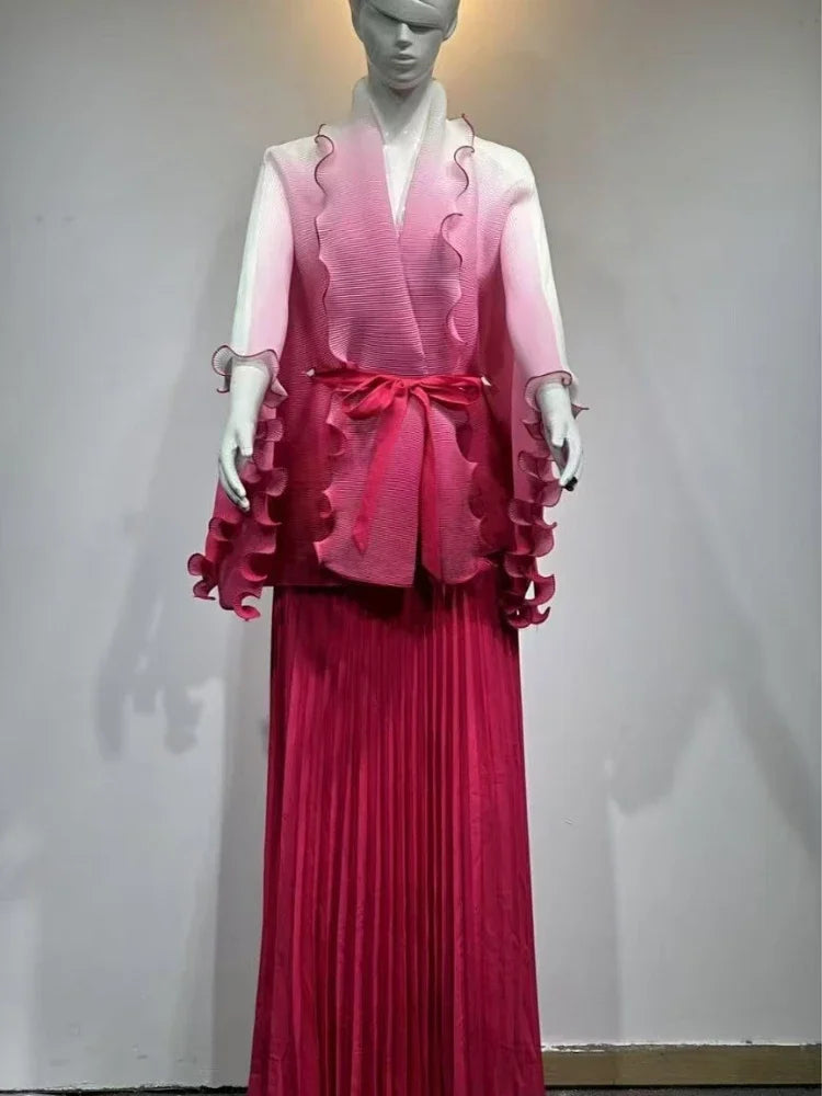 Gradient Pleated 2 Piece Sets Belt Batwing Sleeves Ruffles Tops A-line Long Dresses Elegant Party New Sets