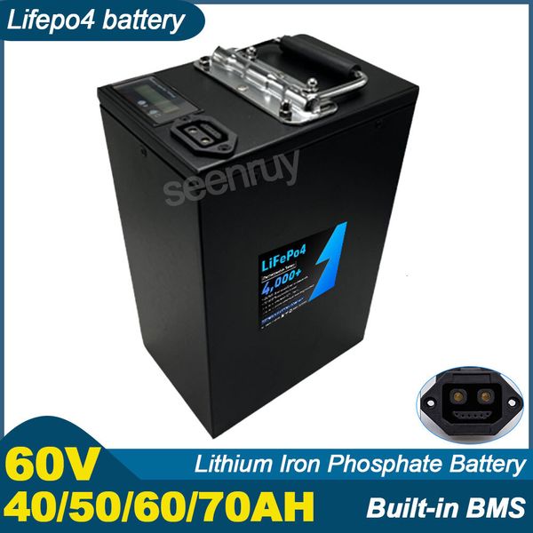 60V 40AH 50AH 60AH 70AH LIFEPO4 com carregador 2+6 plugue de fosfato de lítio Fosfato perfeito para triciclo de scooter de motocicleta