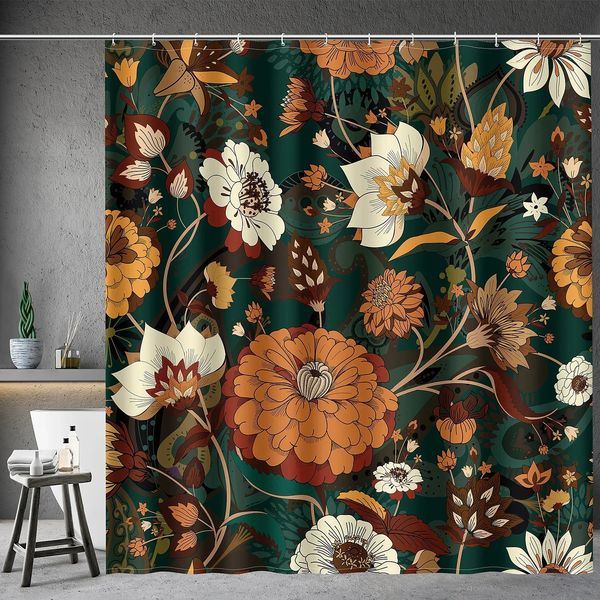 Waterproof polyester fabric Dark Green Boho Flowers Botanical Leaves Bath Shower Curtain with 12 HooksBathroom Decor72x72inch 250108