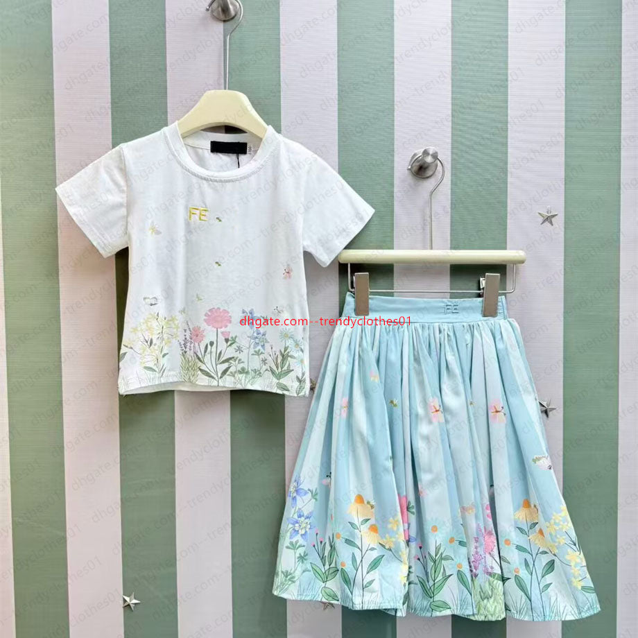 Kids girls summer print floral two pcs sets fashion designer print flower letter skirts dress outfits baby girl princess childrens clothes