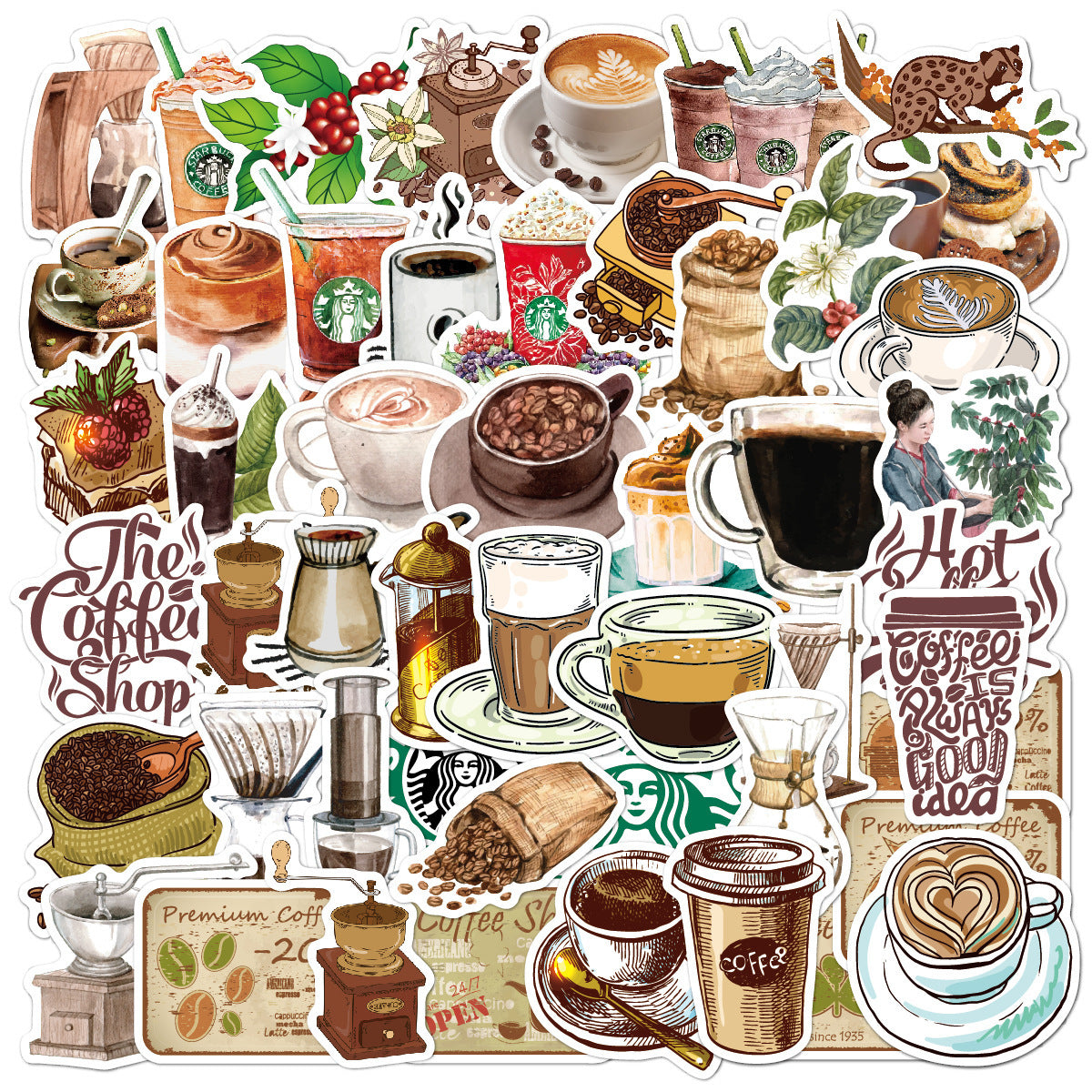 50pcs Wholesale Coffee Stickers Cute Drink Waterproof Vinyl Sticker For Water Bottle Laptop Notebook Diy Car Suitcase