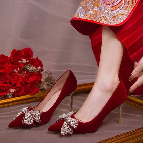 Non Tiring Chinese Wedding Shoes Red Bridal Shoes Clothing Pearl Toast Clothing New Butterfly Bow High Heels