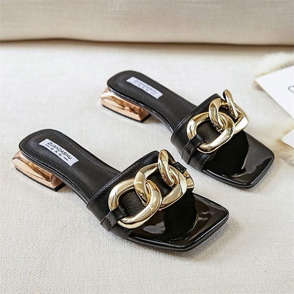 Comemore Summer Metal Chain Womens Slide Low Heel Square Toe Sandals Casual Slide Womens Mule Shoes Dress Flip Cover 240713